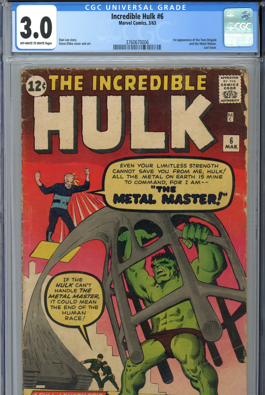 The Incredible Hulk #6 CGC 3.0 1st Metal Master